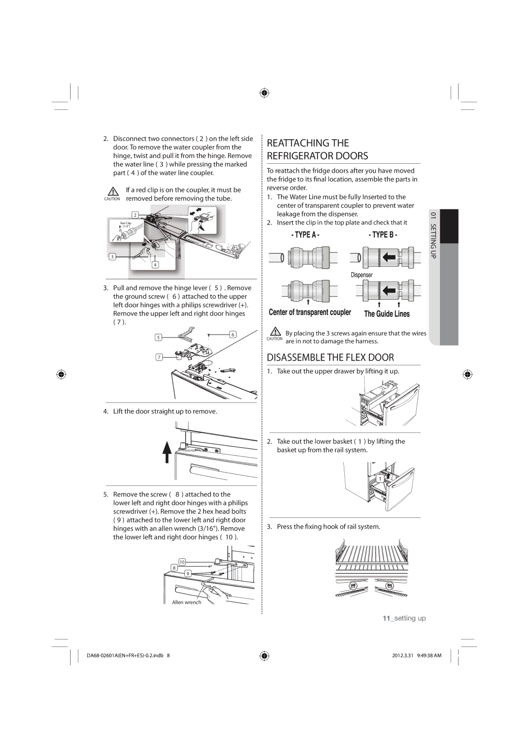 Samsung RF263BEAESR, RF263BEAEWW, RF263BEAEBC user manual Reattaching Refrigerator Doors, Setting UP 