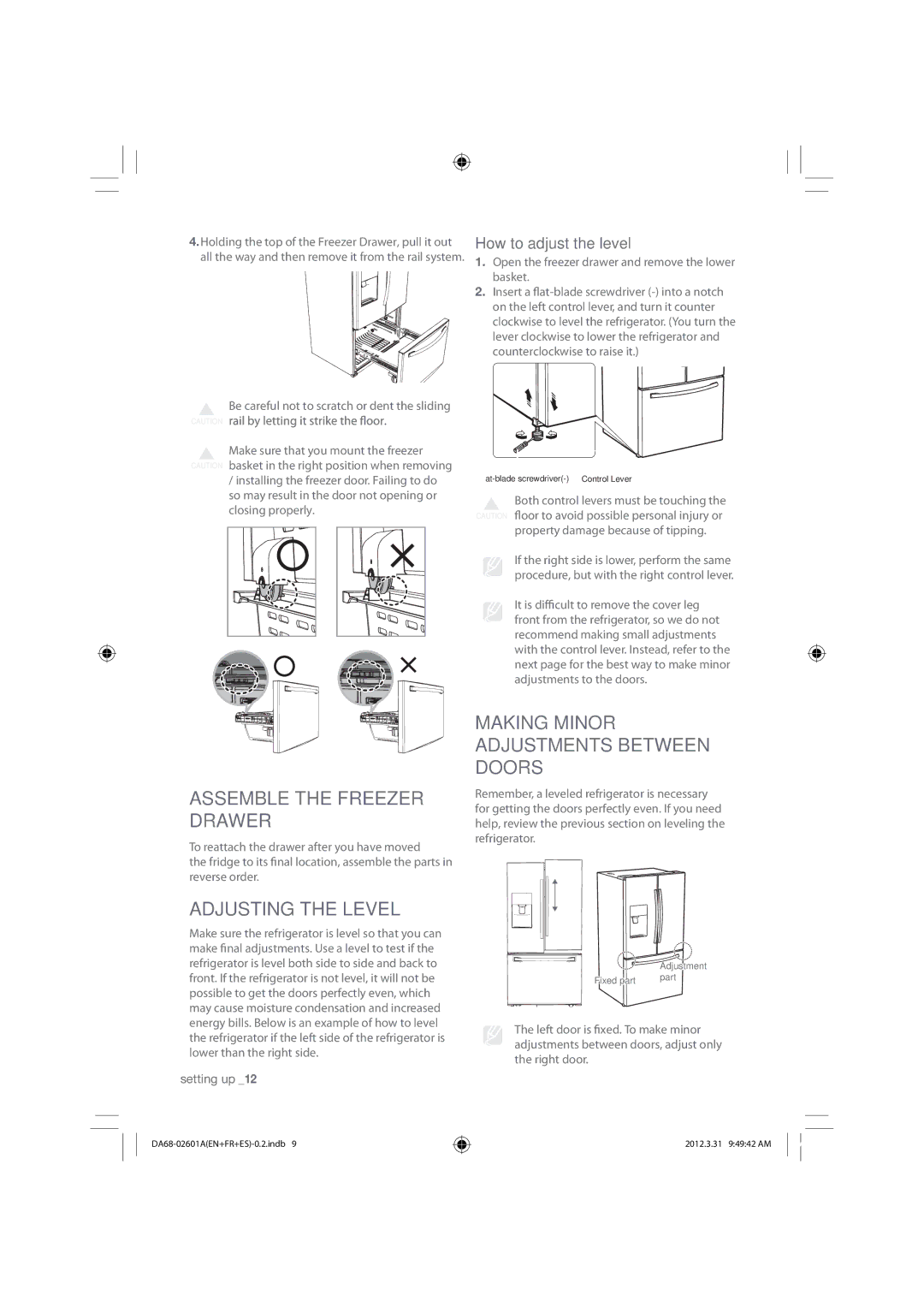 Samsung RF263BEAEWW, RF263BEAEBC Assemble the Freezer Drawer, Adjusting the Level, Making Minor Adjustments Between Doors 