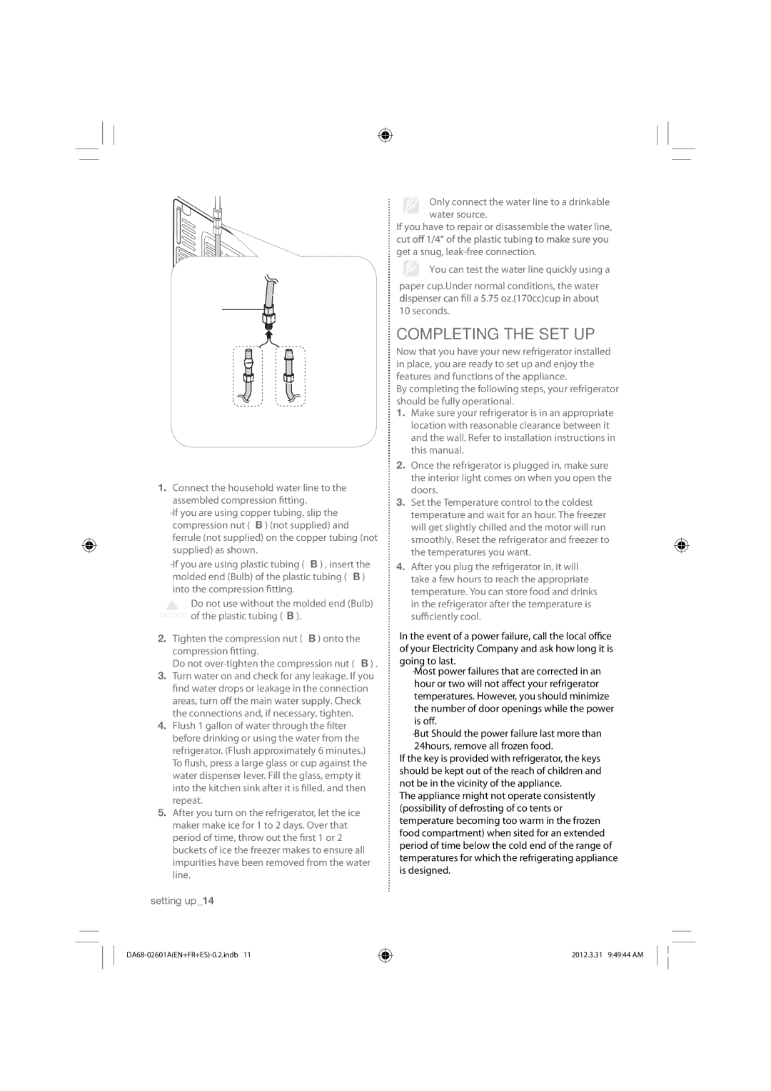 Samsung RF263BEAESR, RF263BEAEWW, RF263BEAEBC user manual Completing the SET UP, Seconds, Setting up14 