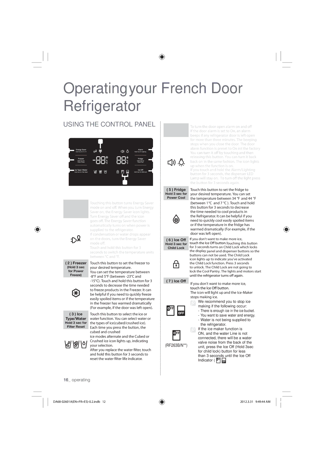 Samsung RF263BEAEBC, RF263BEAEWW, RF263BEAESR user manual Operating your French Door Refrigerator, Using the Control Panel 