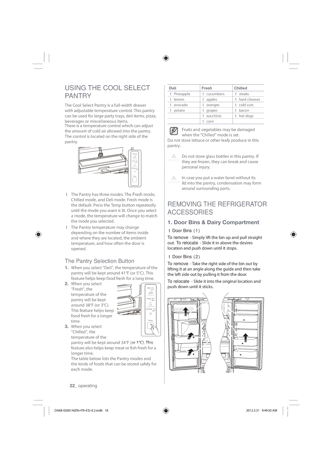 Samsung RF263BEAEBC Using the Cool Select Pantry, Removing the Refrigerator Accessories, Pantry Selection Button 