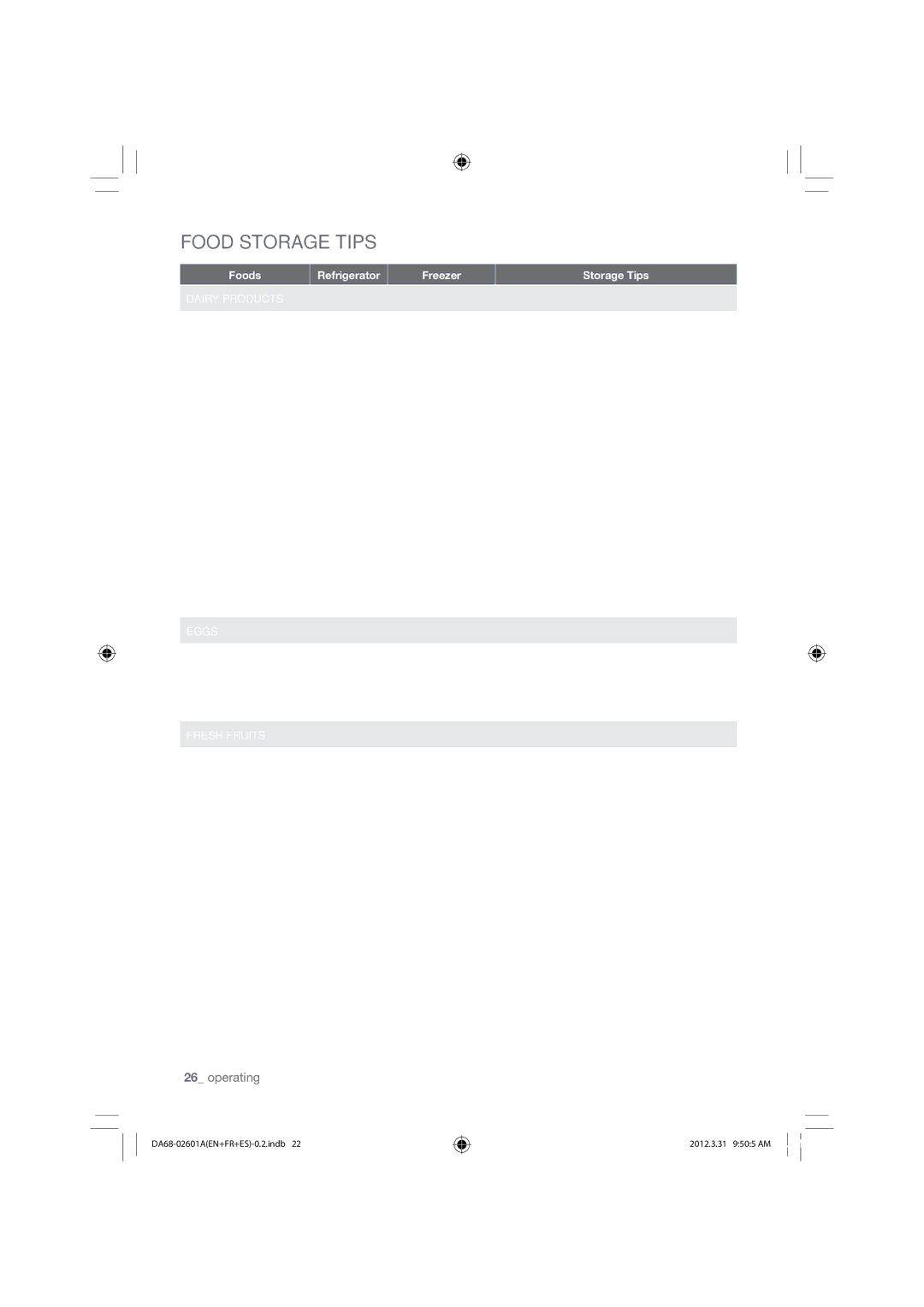 Samsung RF263BEAESR, RF263BEAEWW, RF263BEAEBC user manual Food Storage Tips 