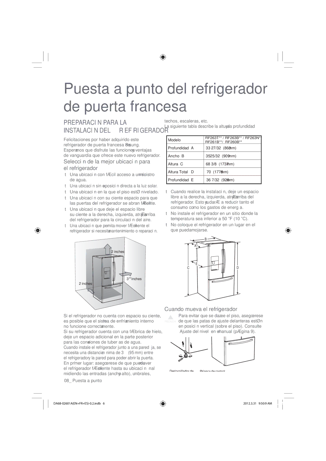 Samsung RF263BEAEBC, RF263BEAEWW, RF263BEAESR Preparación Para LA, Selección de la mejor ubicación para el refrigerador 