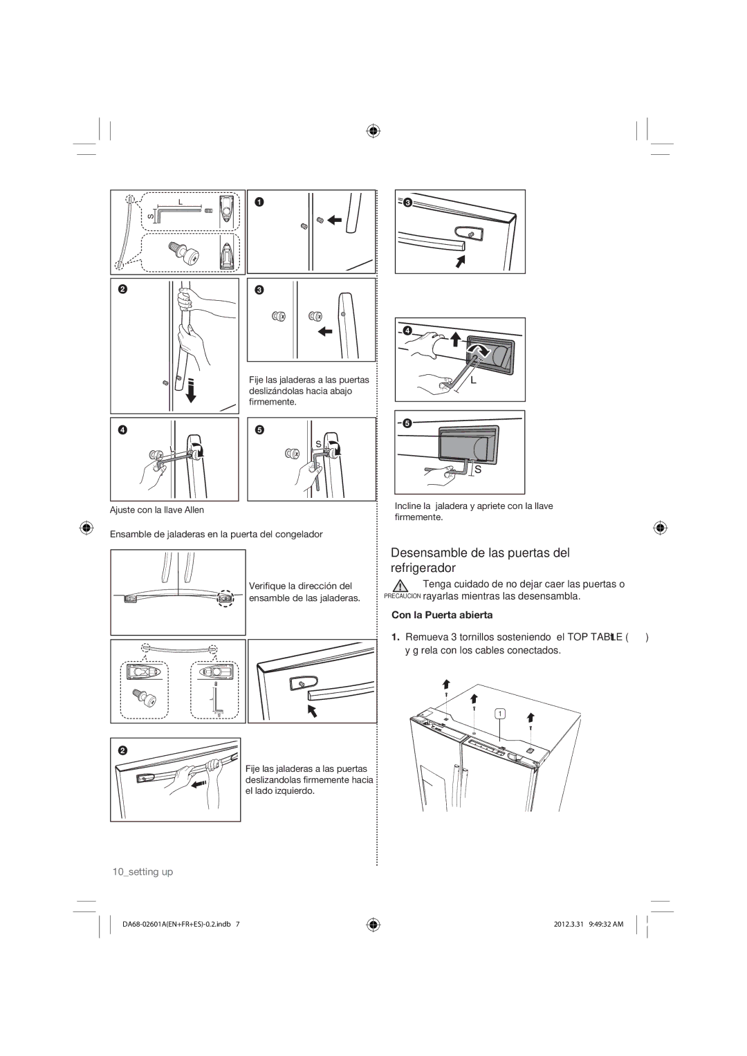 Samsung RF263BEAEWW, RF263BEAEBC, RF263BEAESR user manual Desensamble de las puertas del refrigerador 