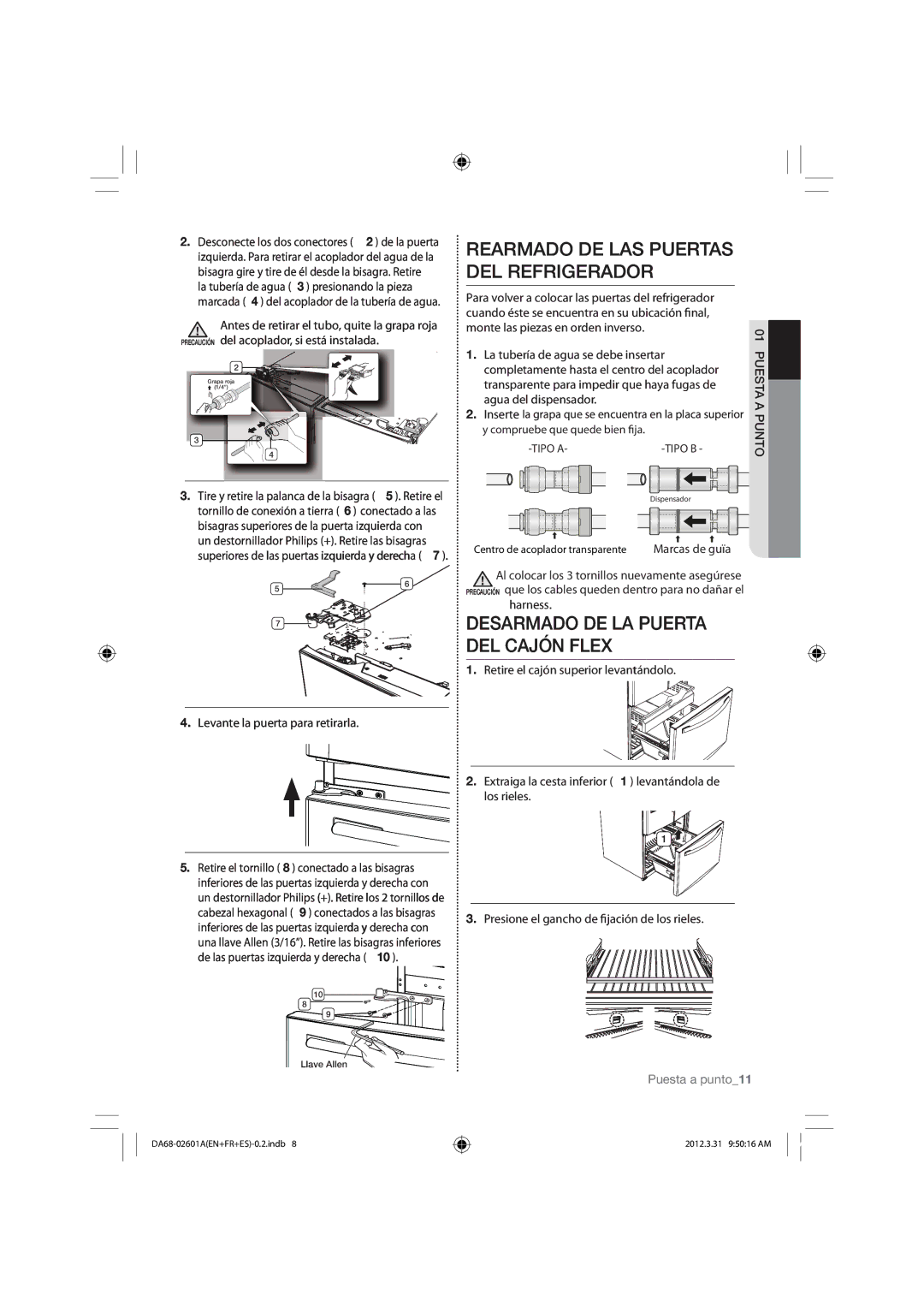 Samsung RF263BEAEBC, RF263BEAEWW user manual Desarmado DE LA Puerta DEL Cajón Flex, Rearmado DE LAS Puertas DEL Refrigerador 