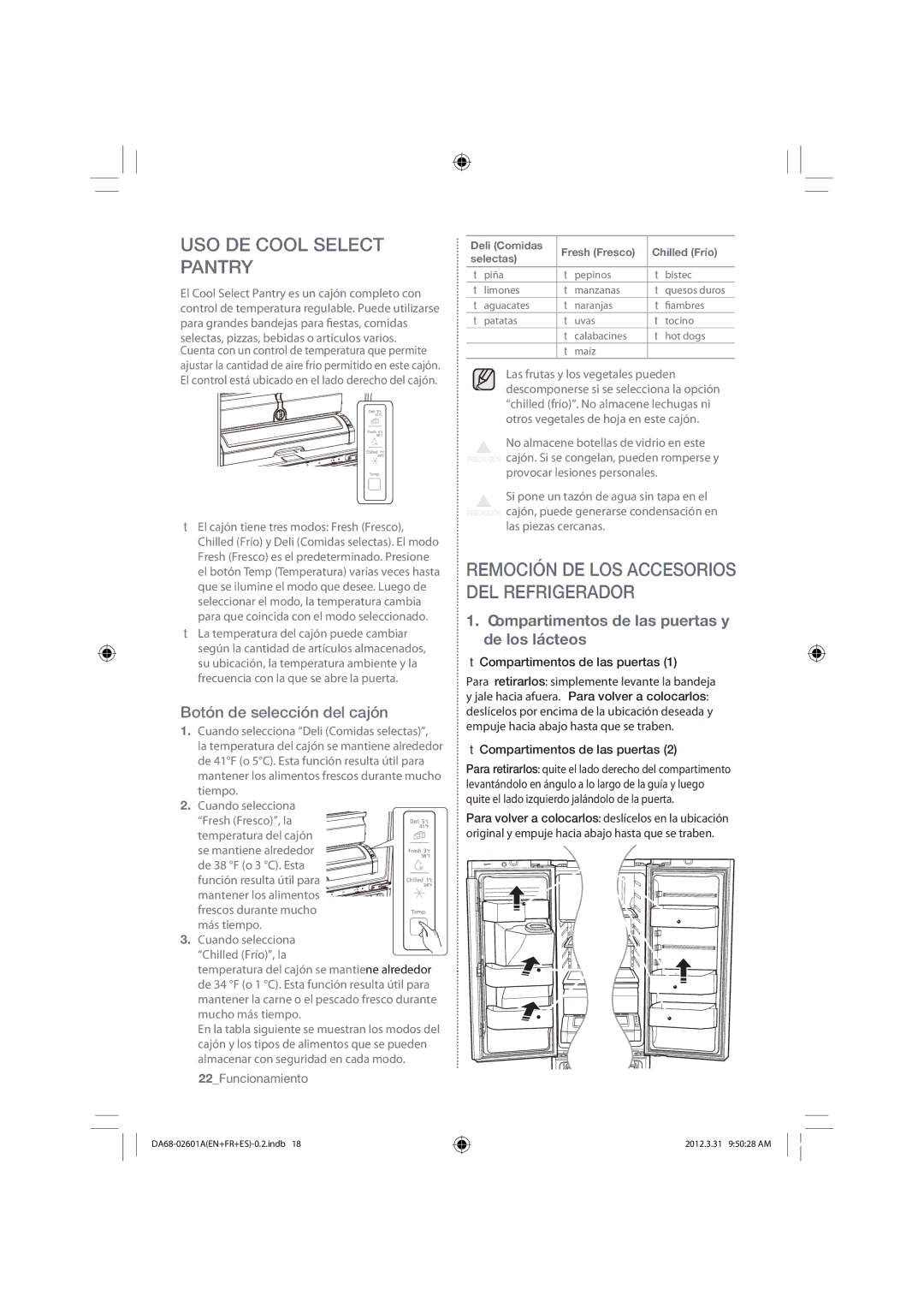 Samsung RF263BEAEWW, RF263BEAEBC, RF263BEAESR USO DE Cool Select Pantry, Botón de selección del cajón, 22Funcionamiento 