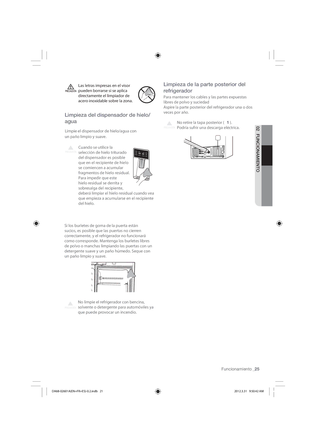 Samsung RF263BEAEWW, RF263BEAEBC Limpieza del dispensador de hielo/ agua, Limpieza de la parte posterior del refrigerador 