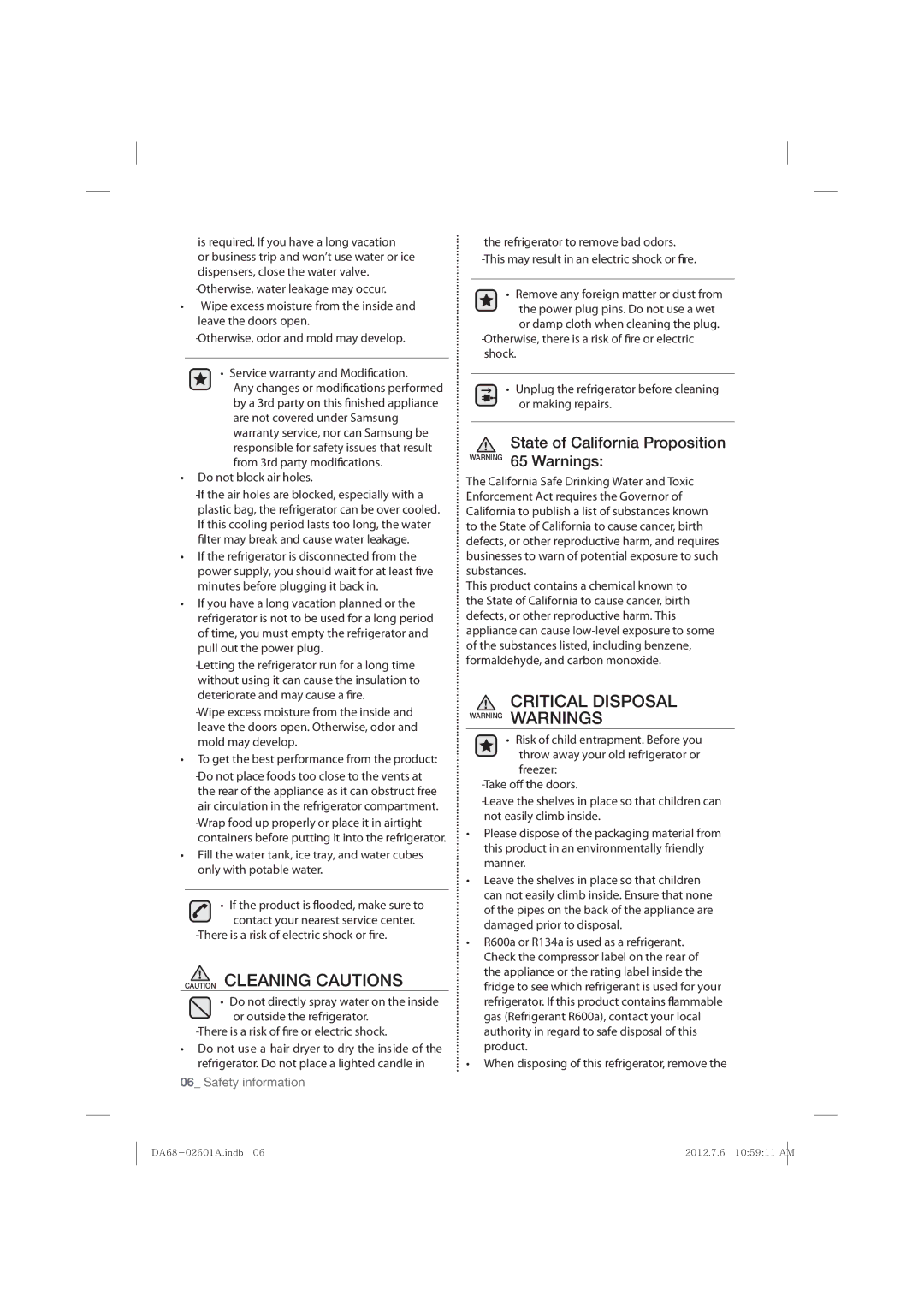 Samsung RF263BEAEWW State of California Proposition Warning 65 Warnings, Is required. If you have a long vacation 