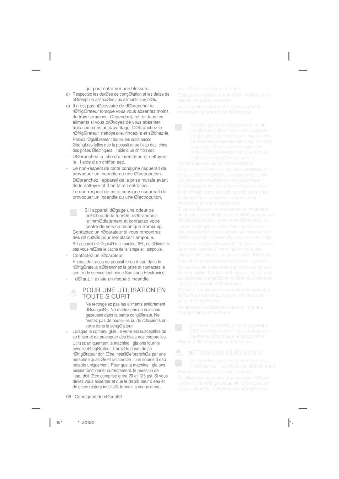 Samsung RF263BEAESR, RF263BEAEWW, RF263BEAEBC user manual Pour UNE Utilisation EN Attention Toute Sécurité 