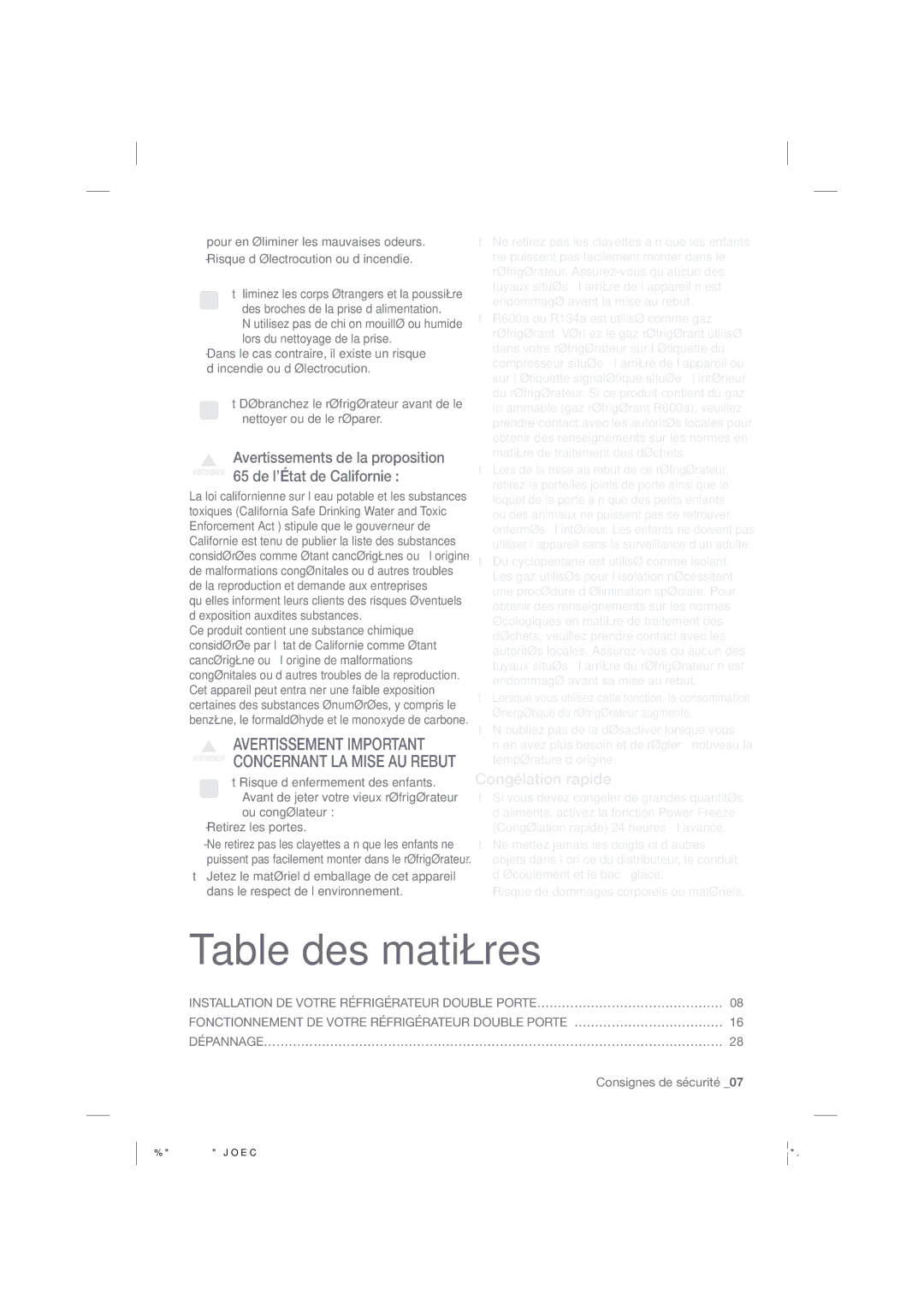 Samsung RF263BEAEWW, RF263BEAEBC Table des matières, Congélation rapide, Dépannage………………………………………………………………………………………………… 