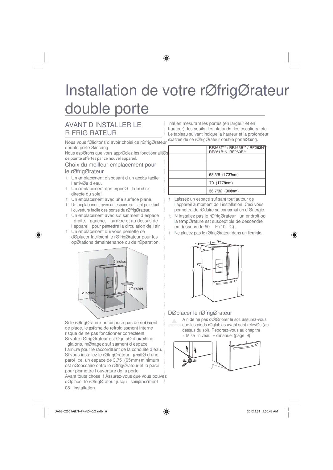 Samsung RF263BEAEBC, RF263BEAEWW Installation de votre réfrigérateur double porte, Avant D’INSTALLER LE Réfrigérateur 