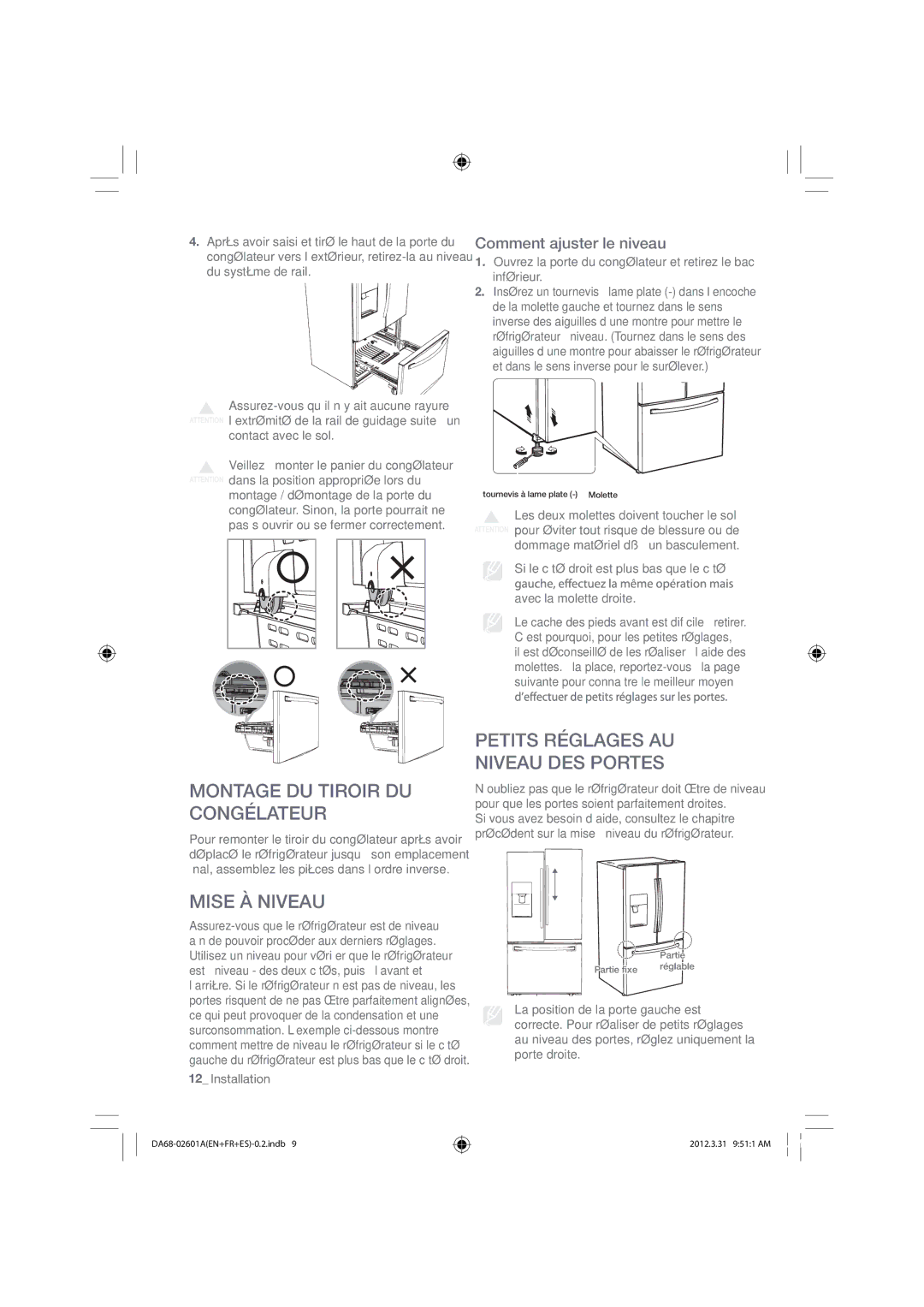 Samsung RF263BEAESR Montage DU Tiroir DU Congélateur, Mise À Niveau, Petits Réglages AU Niveau DES Portes, Installation 
