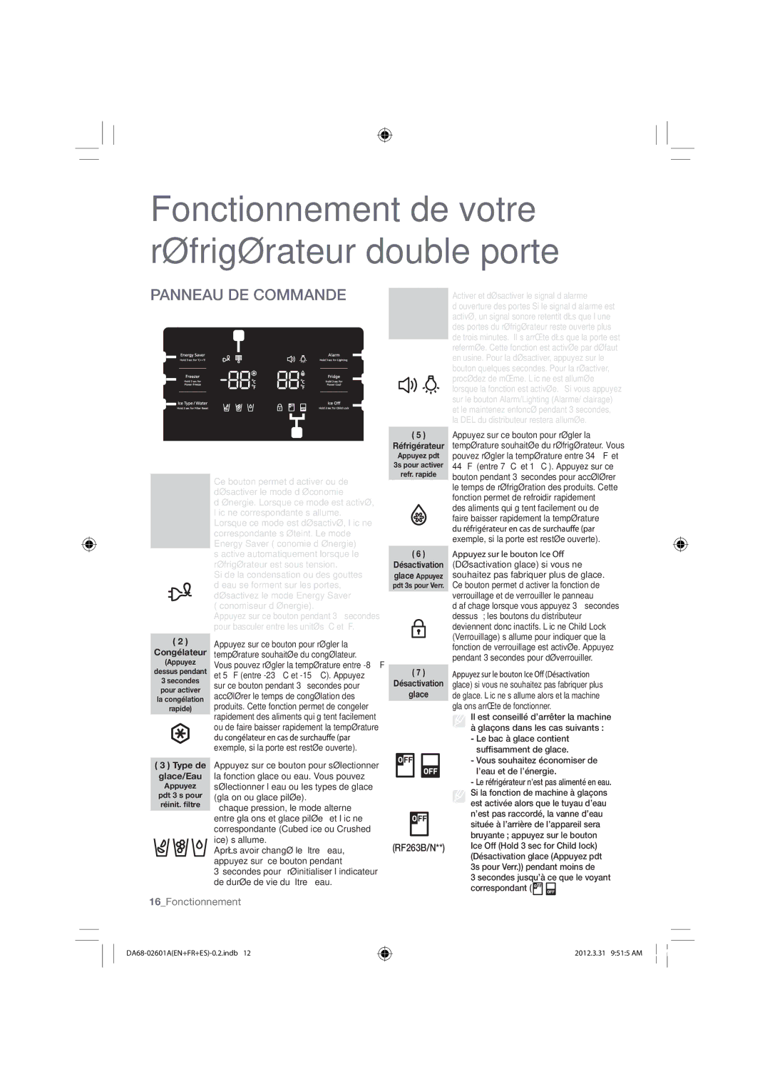 Samsung RF263BEAEWW, RF263BEAEBC, RF263BEAESR user manual Panneau DE Commande, 16Fonctionnement, Économie, Glace/Eau 