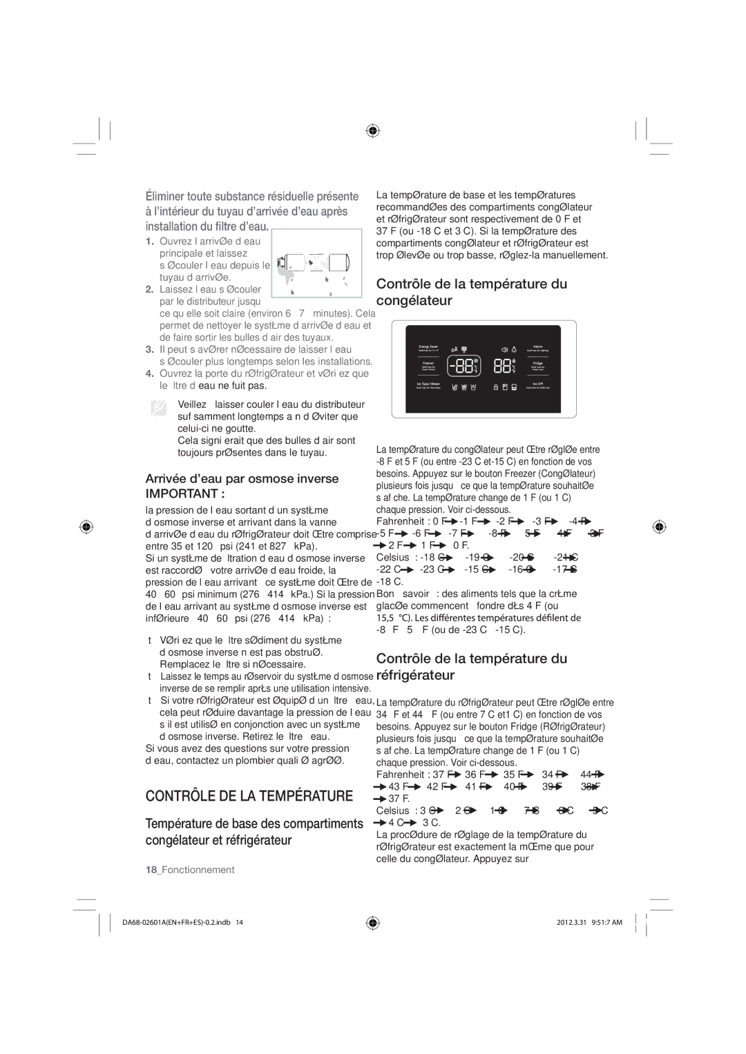 Samsung RF263BEAESR, RF263BEAEWW Contrôle de la température du congélateur, Contrôle de la température du réfrigérateur 