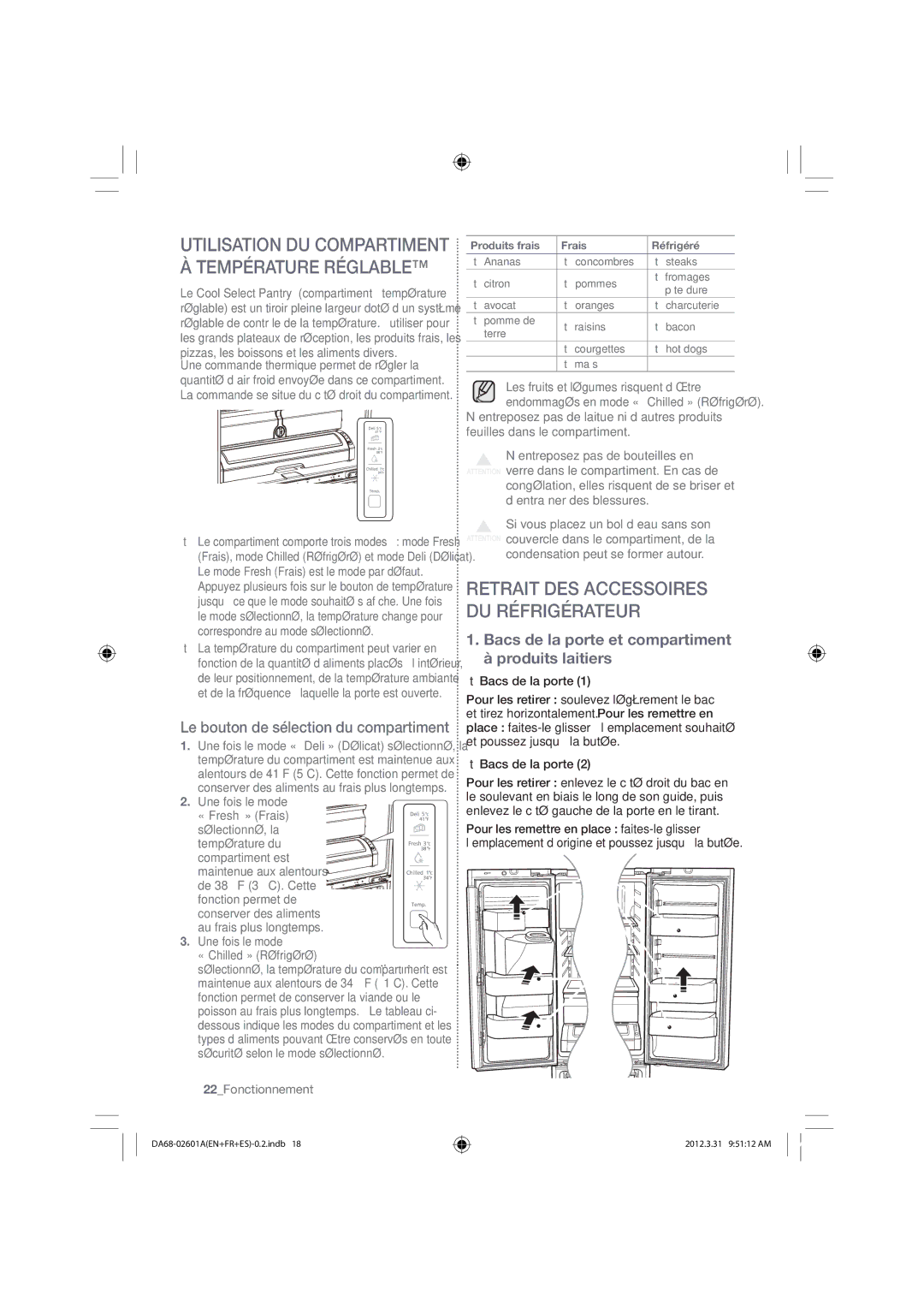 Samsung RF263BEAEWW Utilisation DU Compartiment À Température Réglable, Retrait DES Accessoires DU Réfrigérateur 