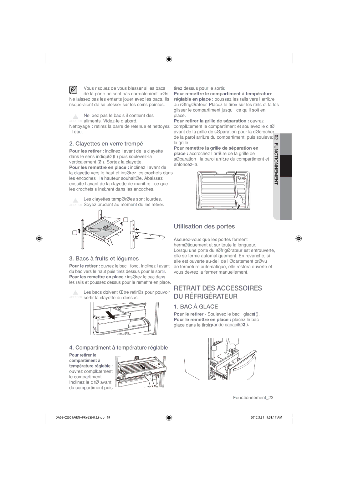 Samsung RF263BEAEBC Utilisation des portes, Clayettes en verre trempé, Bacs à fruits et légumes, Fonctionnement23 