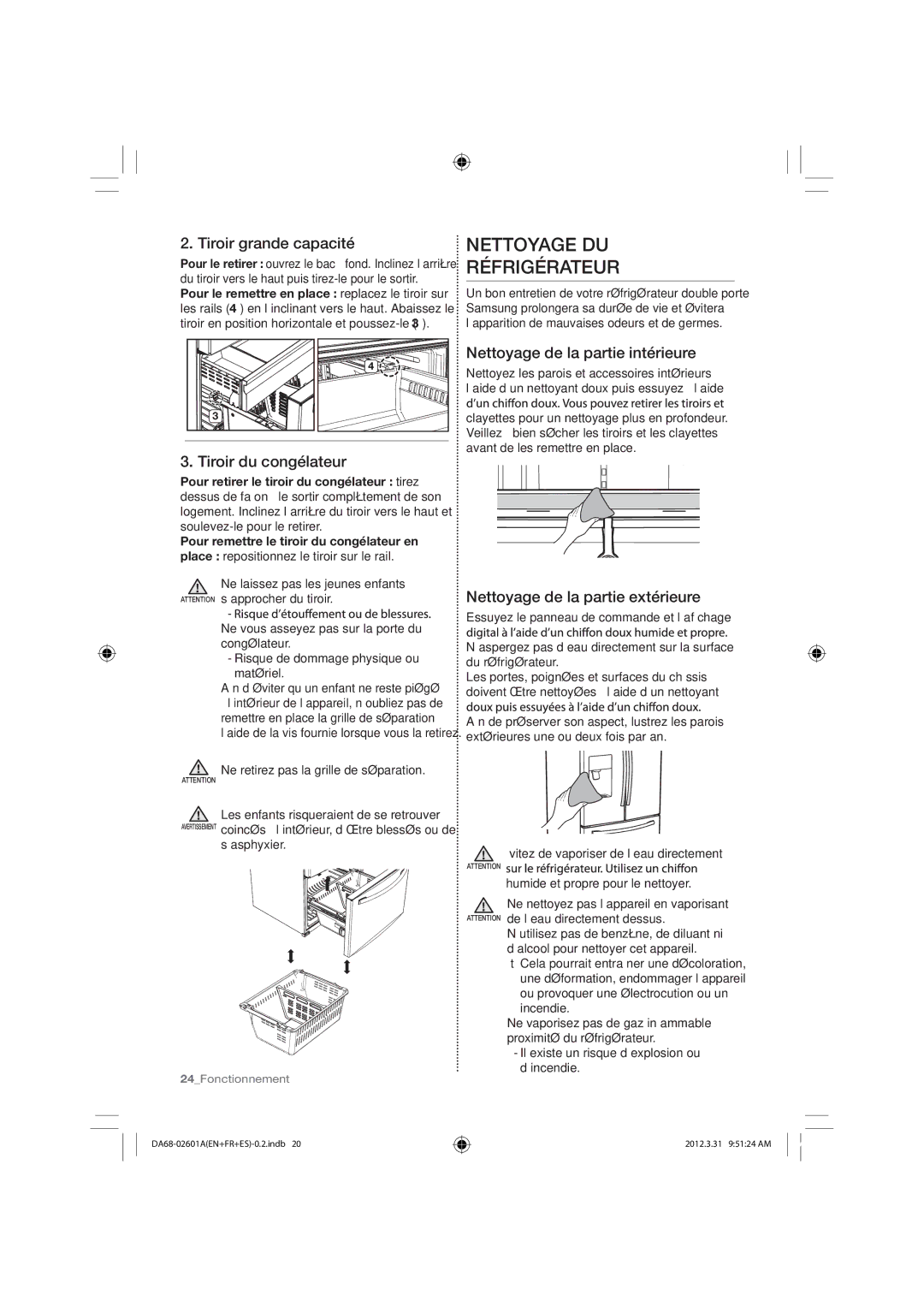 Samsung RF263BEAESR, RF263BEAEWW, RF263BEAEBC user manual Nettoyage DU Réfrigérateur, Tiroir grande capacité 