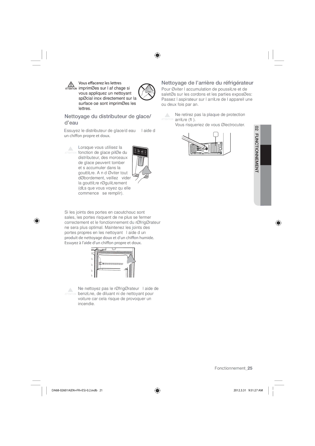 Samsung RF263BEAEWW Nettoyage du distributeur de glace/ d’eau, Nettoyage de l’arrière du réfrigérateur, Fonctionnement25 