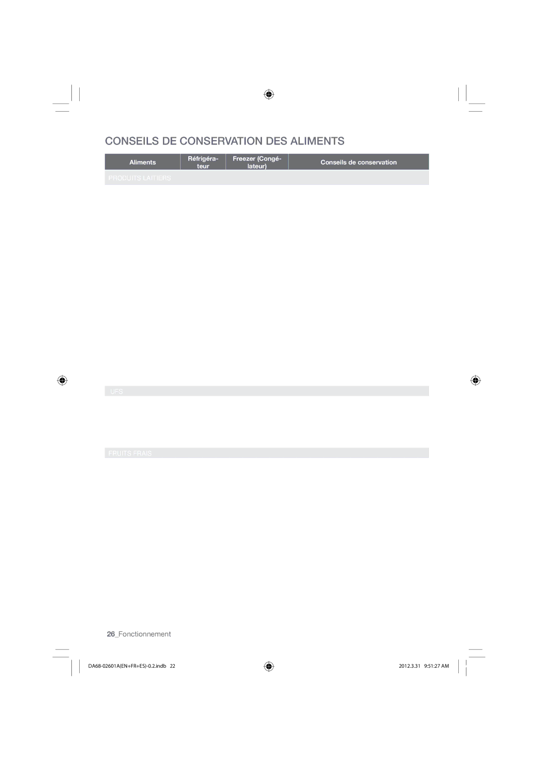 Samsung RF263BEAEBC, RF263BEAEWW, RF263BEAESR user manual Conseils DE Conservation DES Aliments, 26Fonctionnement 