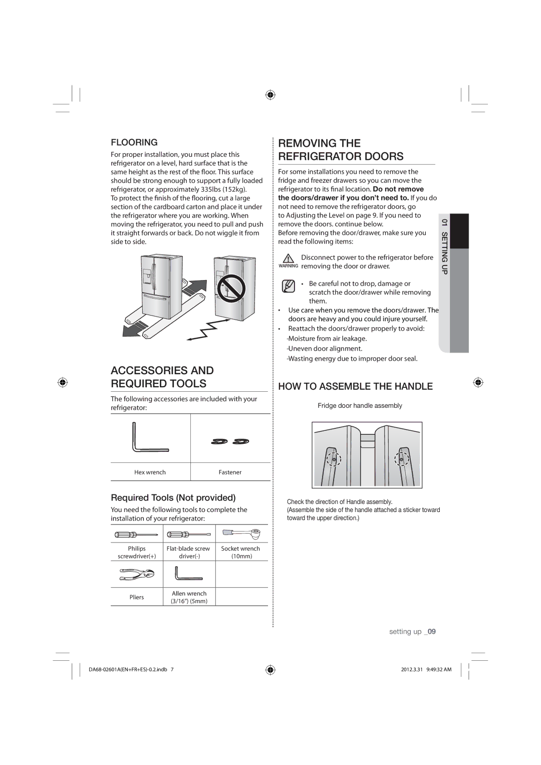 Samsung RF263BEAEWW, RF263BEAEBC, RF263BEAESR user manual Accessories Required Tools, Removing Refrigerator Doors 