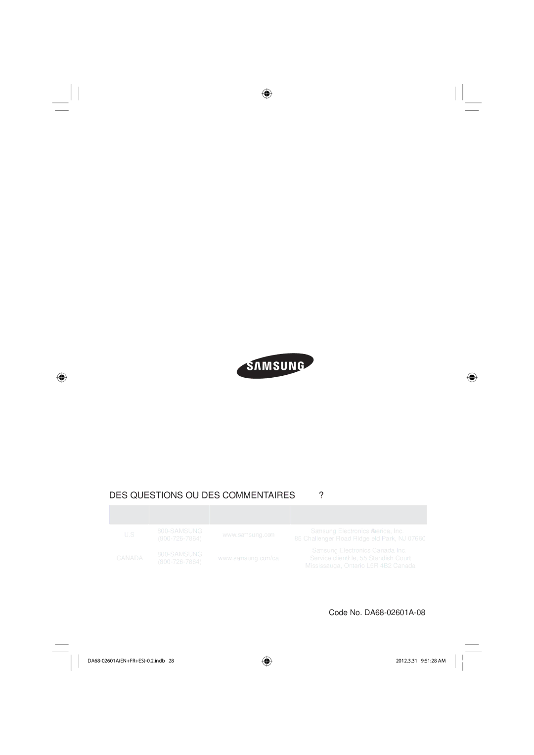 Samsung RF263BEAESR, RF263BEAEWW, RF263BEAEBC user manual DES Questions OU DES Commentaires 