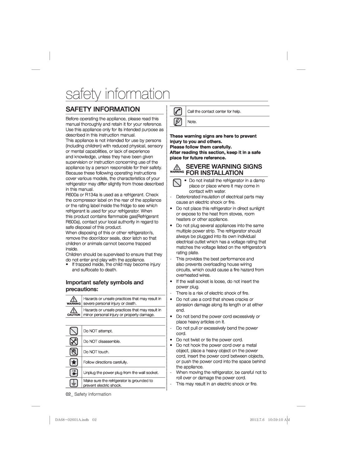 Samsung RF263BEAESR, RF263BEAEWW safety information, Safety Information, Severe Warning Signs Warning For Installation 