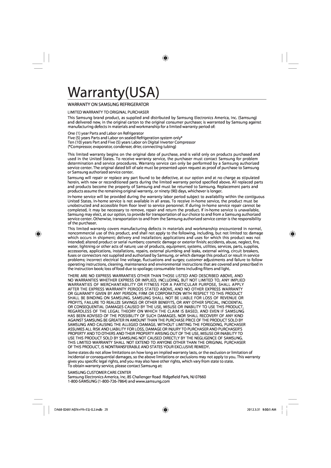 Samsung RF263BEAESR, RF263BEAEWW, RF263BEAEBC user manual WarrantyUSA, Warranty On Samsung Refrigerator 