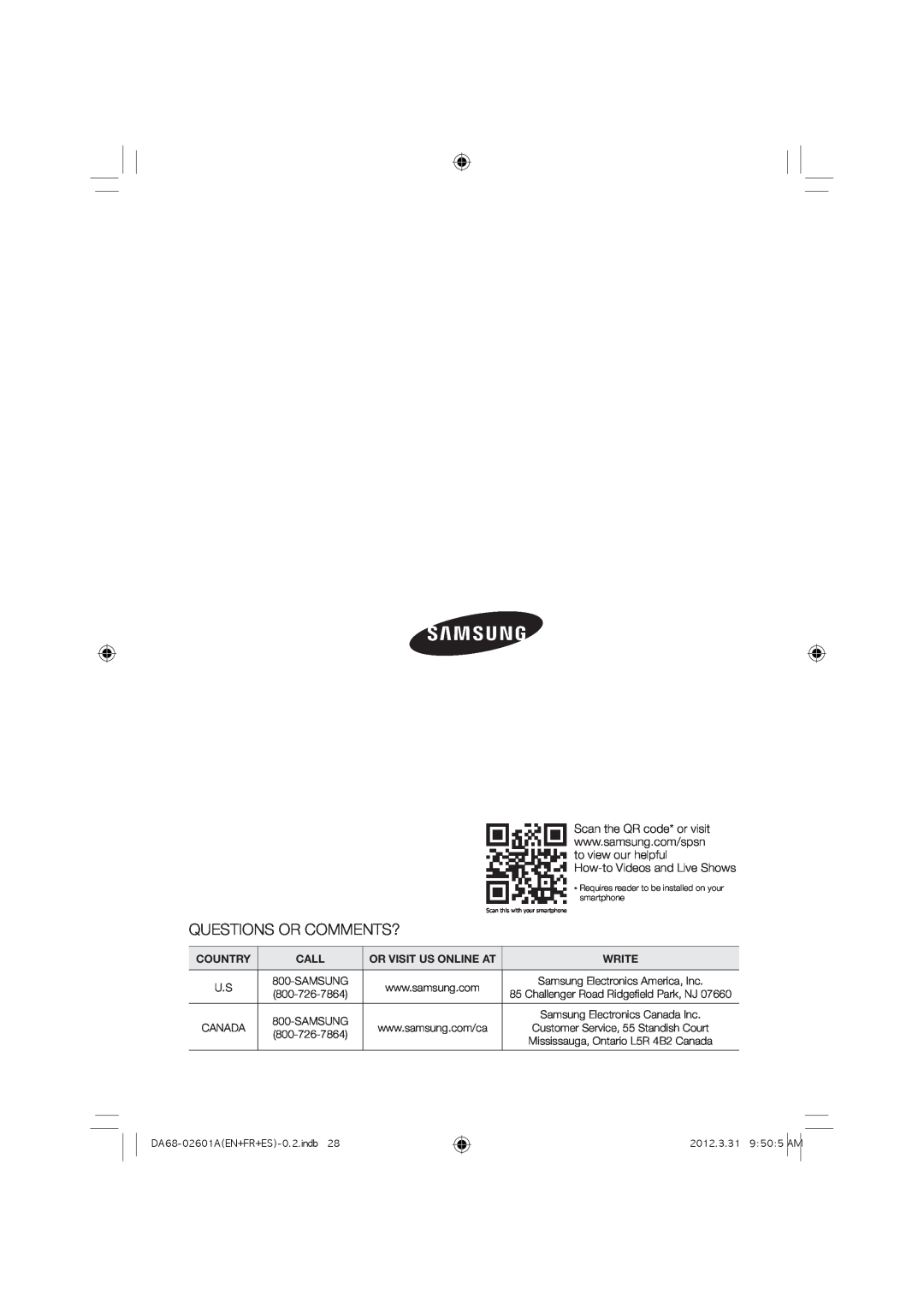 Samsung RF263BEAESR, RF263BEAEWW, RF263BEAEBC Questions Or Comments?, Scan the QR code* or visit, to view our helpful 