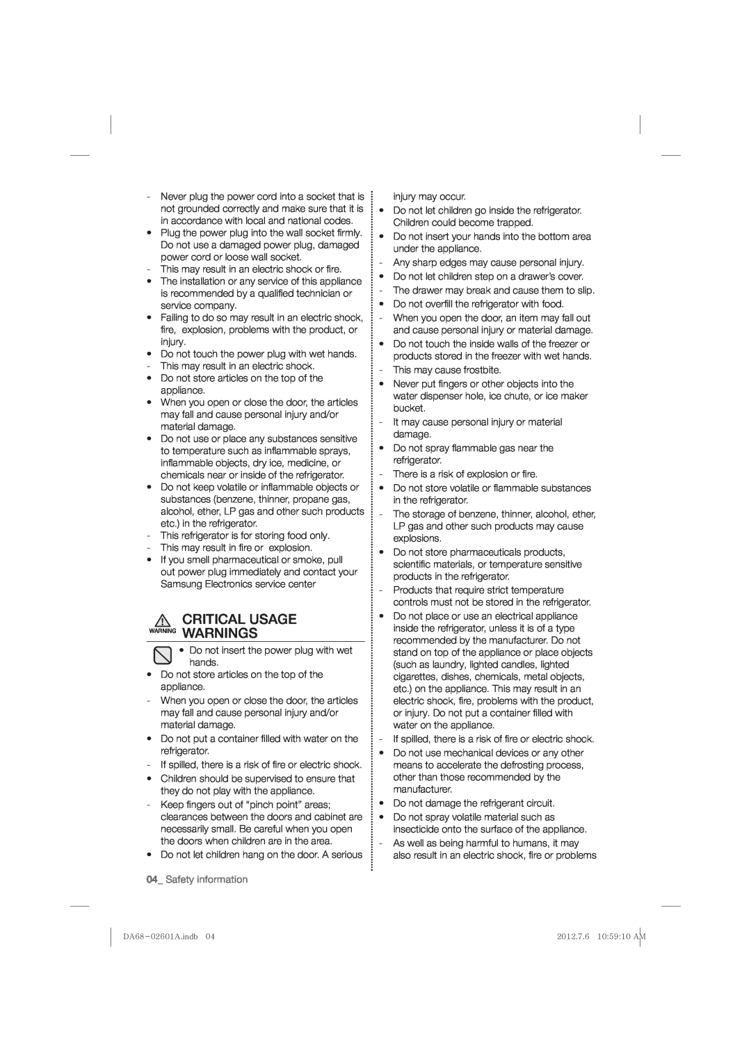 Samsung RF263BEAEBC, RF263BEAEWW, RF263BEAESR user manual Critical Usage, Safety information 