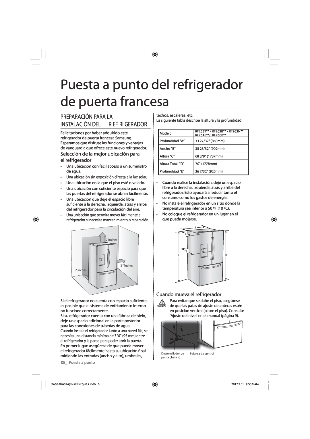 Samsung RF263BEAEBC Puesta a punto del refrigerador de puerta francesa, Preparación Para La, Cuando mueva el refrigerador 