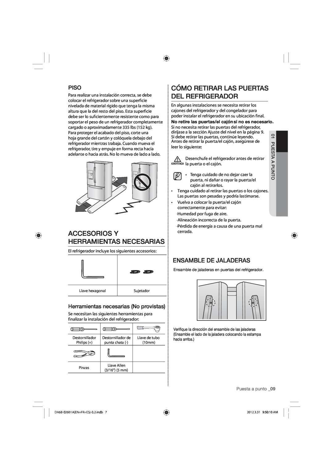 Samsung RF263BEAESR Cómo Retirar Las Puertas Del Refrigerador, Accesorios Y Herramientas Necesarias, Ensamble De Jaladeras 