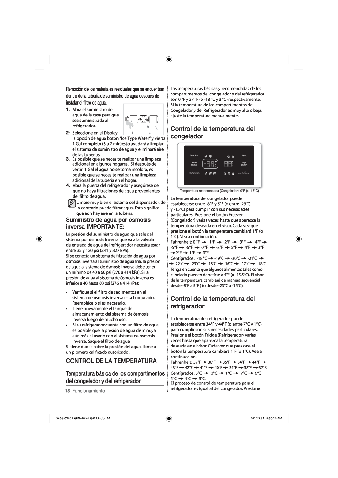 Samsung RF263BEAESR Control De La Temperatura, Control de la temperatura del refrigerador, Suministro de agua por ósmosis 