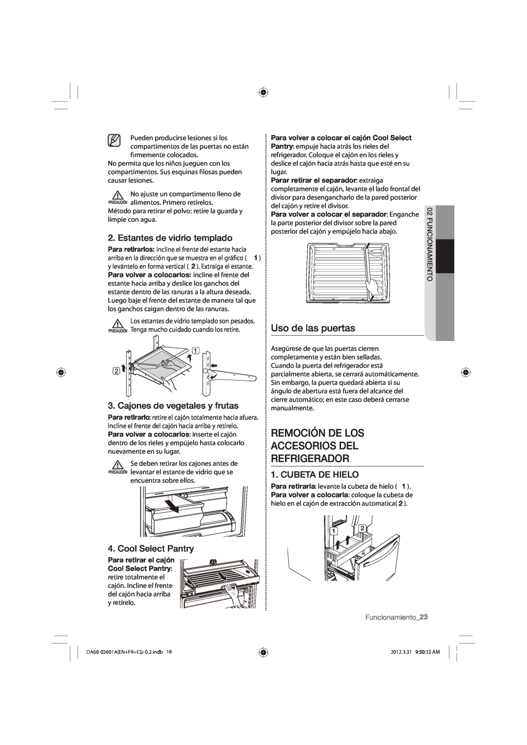 Samsung RF263BEAEBC Remoción De Los Accesorios Del Refrigerador, Uso de las puertas, Estantes de vidrio templado 