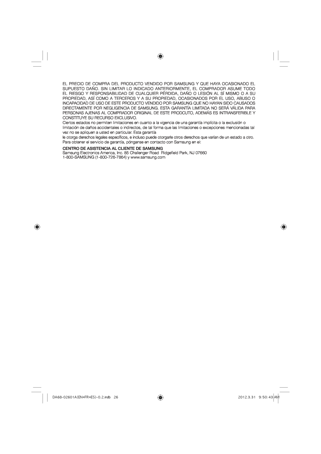 Samsung RF263BEAESR, RF263BEAEWW, RF263BEAEBC user manual Centro De Asistencia Al Cliente De Samsung 