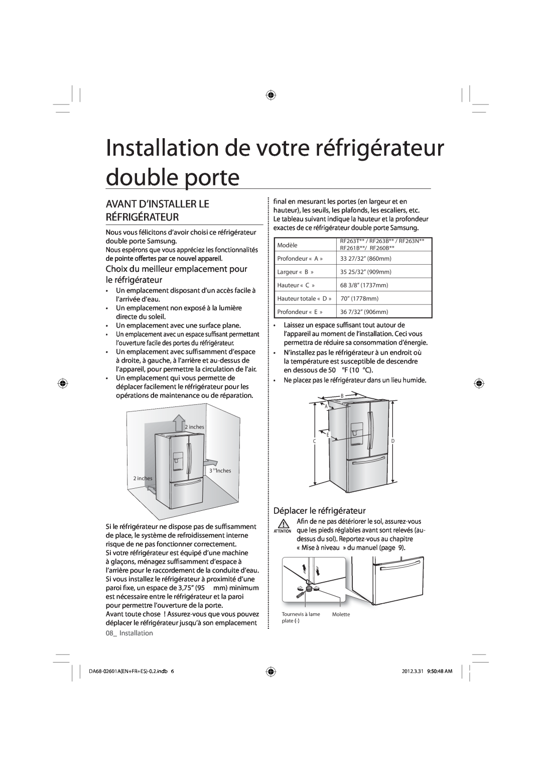 Samsung RF263BEAEBC, RF263BEAEWW Installation de votre réfrigérateur double porte, Avant D’Installer Le Réfrigérateur 
