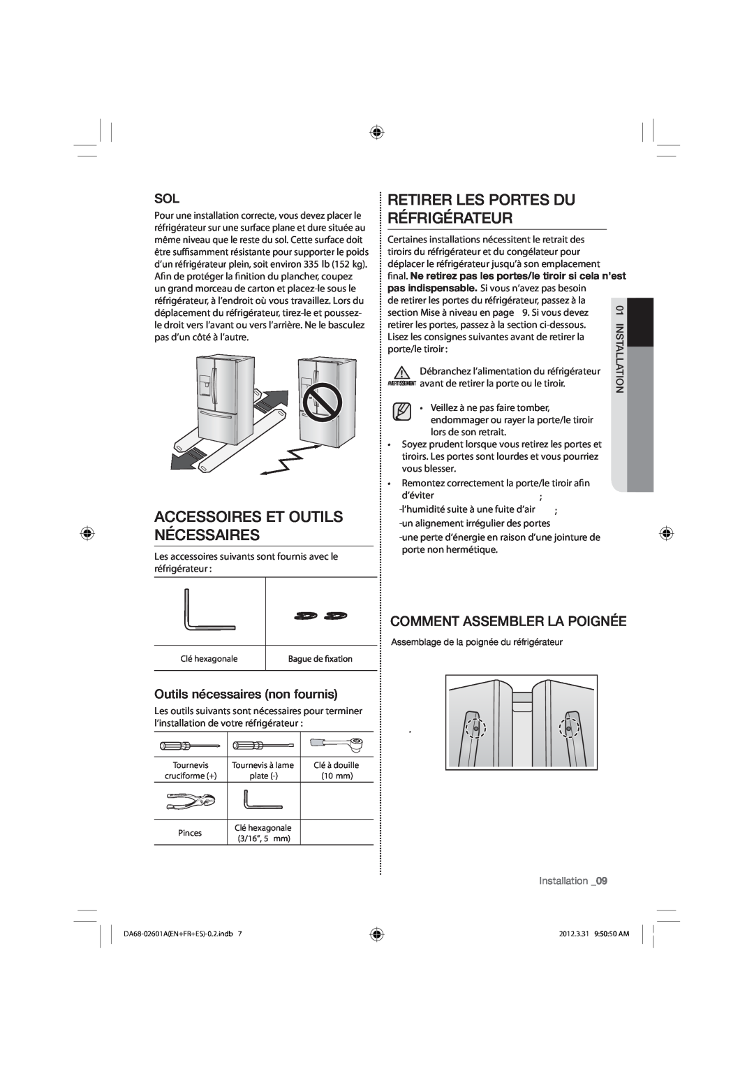 Samsung RF263BEAESR Accessoires Et Outils Nécessaires, Retirer Les Portes Du Réfrigérateur, Comment Assembler La Poignée 