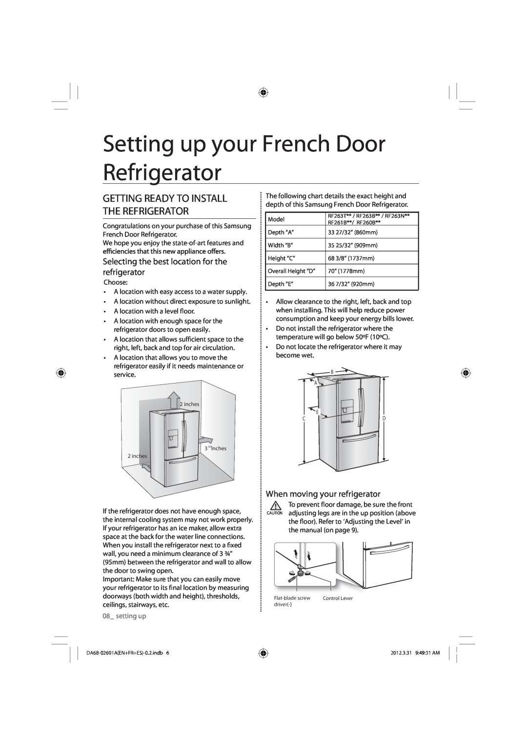 Samsung RF263BEAESR Setting up your French Door Refrigerator, Getting Ready To Install The Refrigerator, setting up 