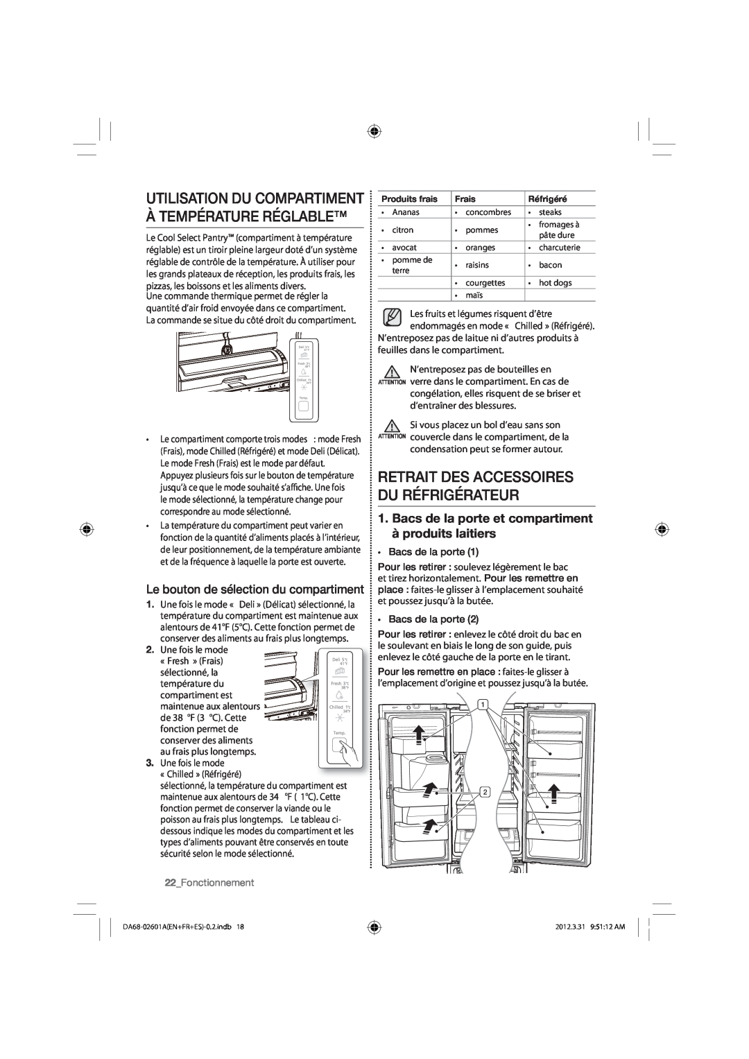 Samsung RF263BEAEWW Utilisation Du Compartiment À Température Réglable, Retrait Des Accessoires Du Réfrigérateur 