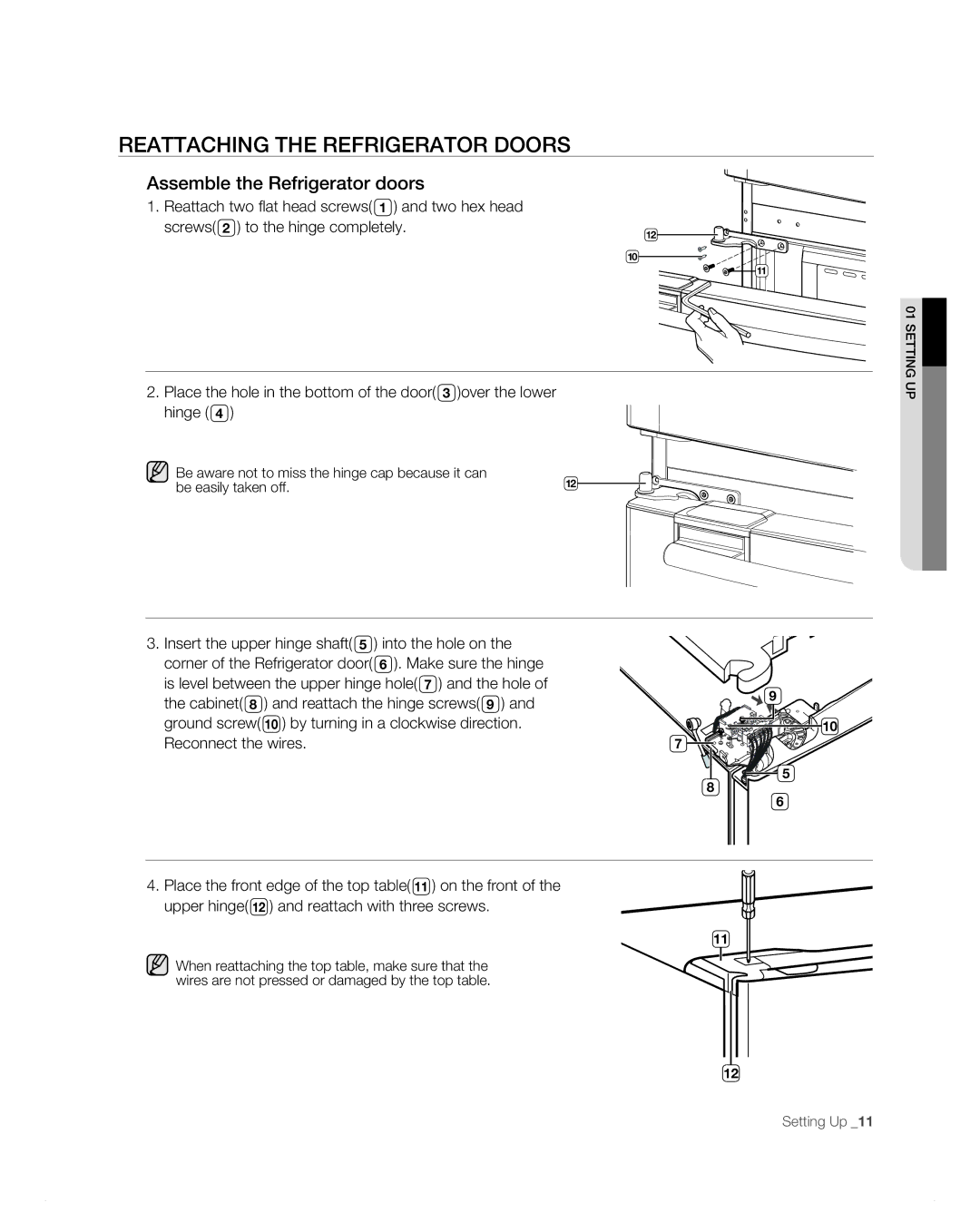 Samsung RF266AB, RF265AB user manual Reattaching the Refrigerator Doors, Assemble the Refrigerator doors 