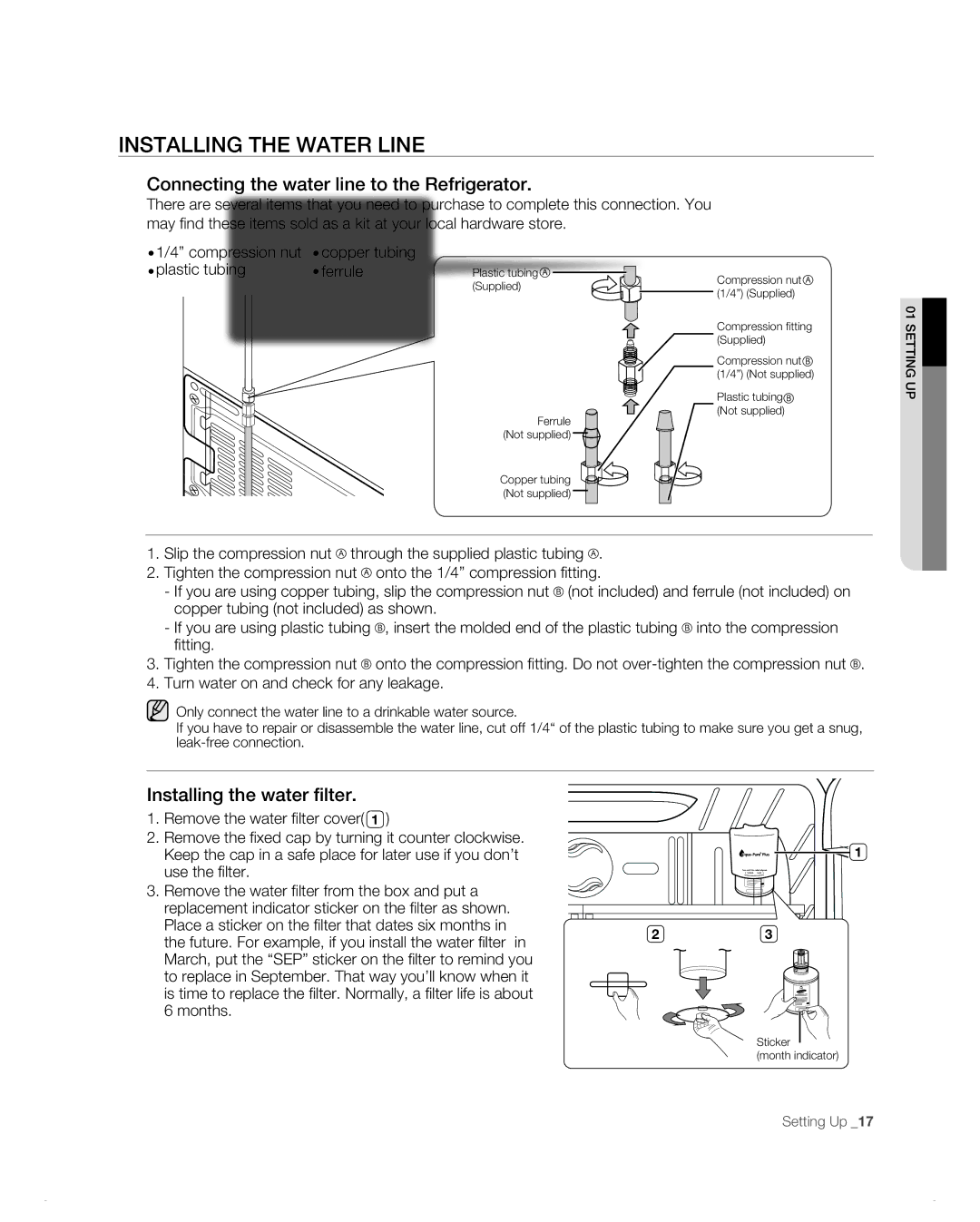 Samsung RF266AB Installing the Water Line, Connecting the water line to the Refrigerator, Installing the water filter 