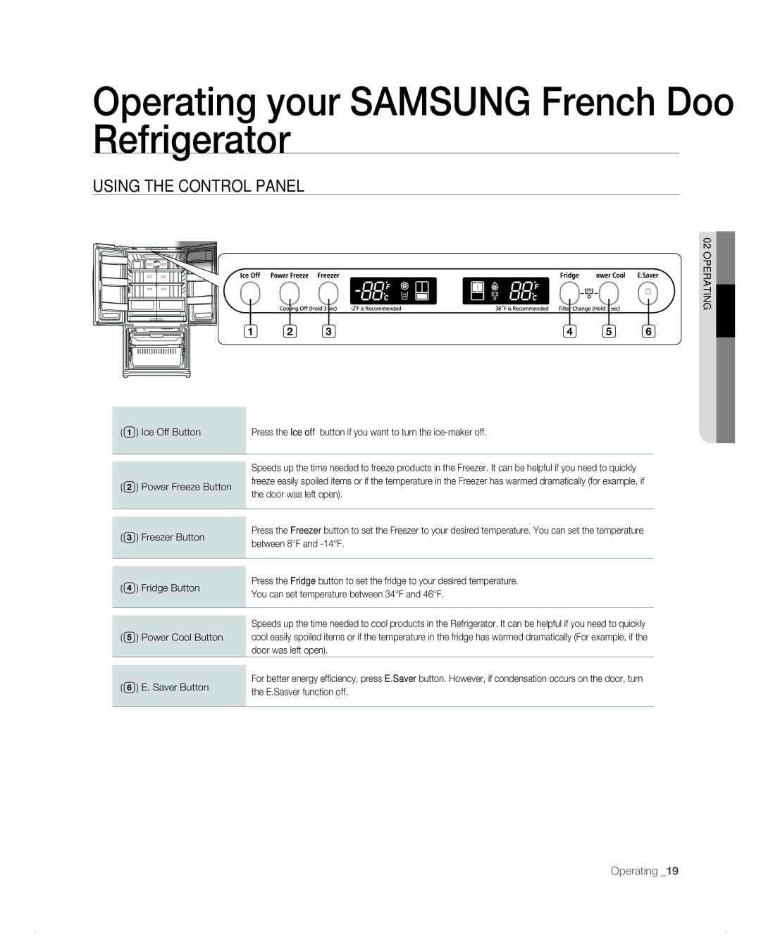 Samsung RF266AB, RF265AB user manual Operating your Samsung French Door Refrigerator, Using the control panel 