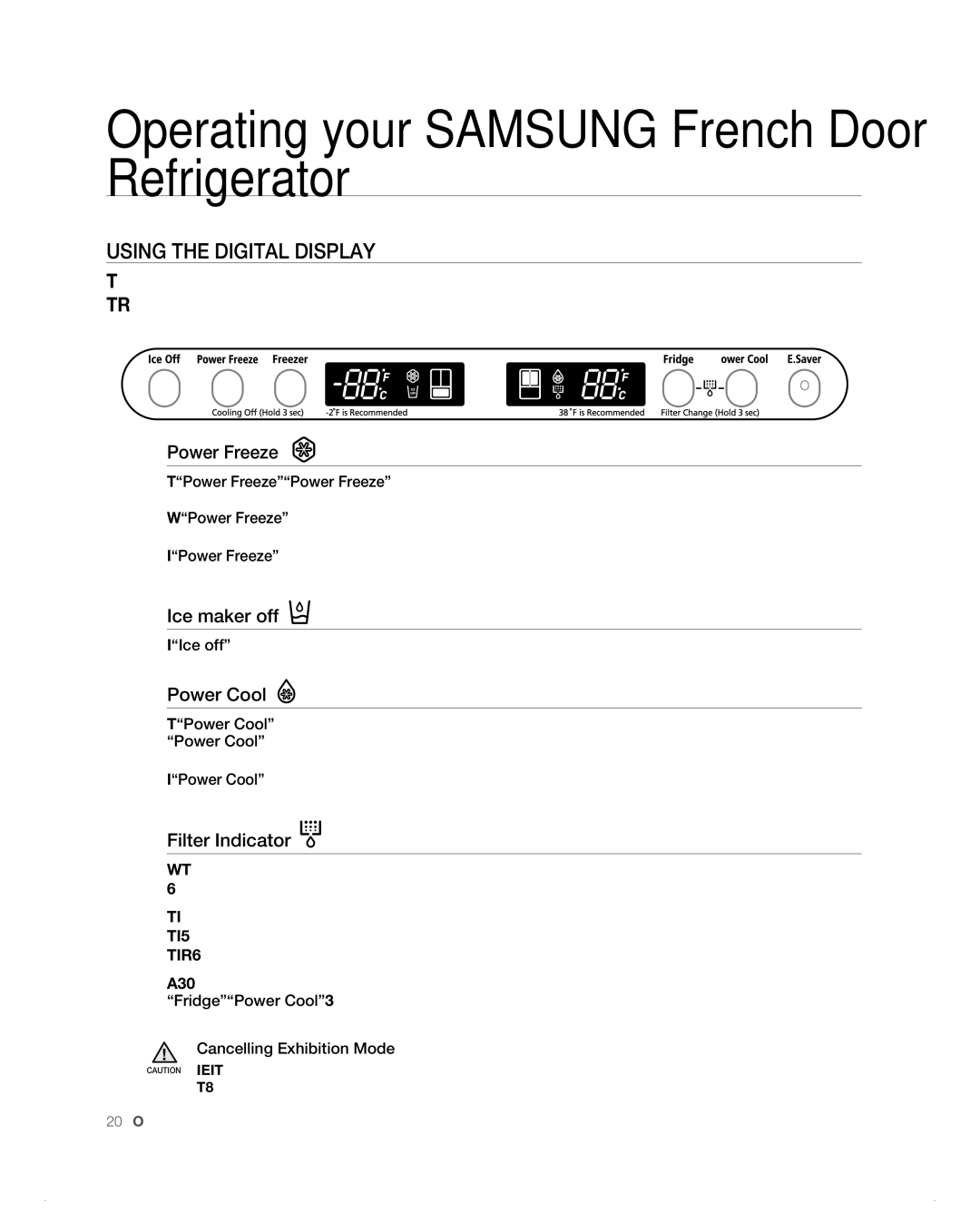 Samsung RF265AB, RF266AB user manual Using the Digital Display, Ice maker off, Power Cool, Filter Indicator 