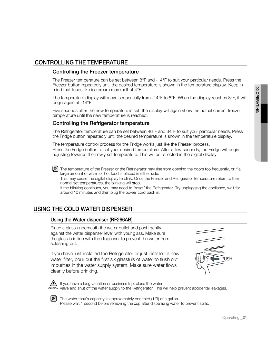 Samsung RF266AB, RF265AB Controlling the Temperature, Using the Cold Water Dispenser, Controlling the Freezer temperature 
