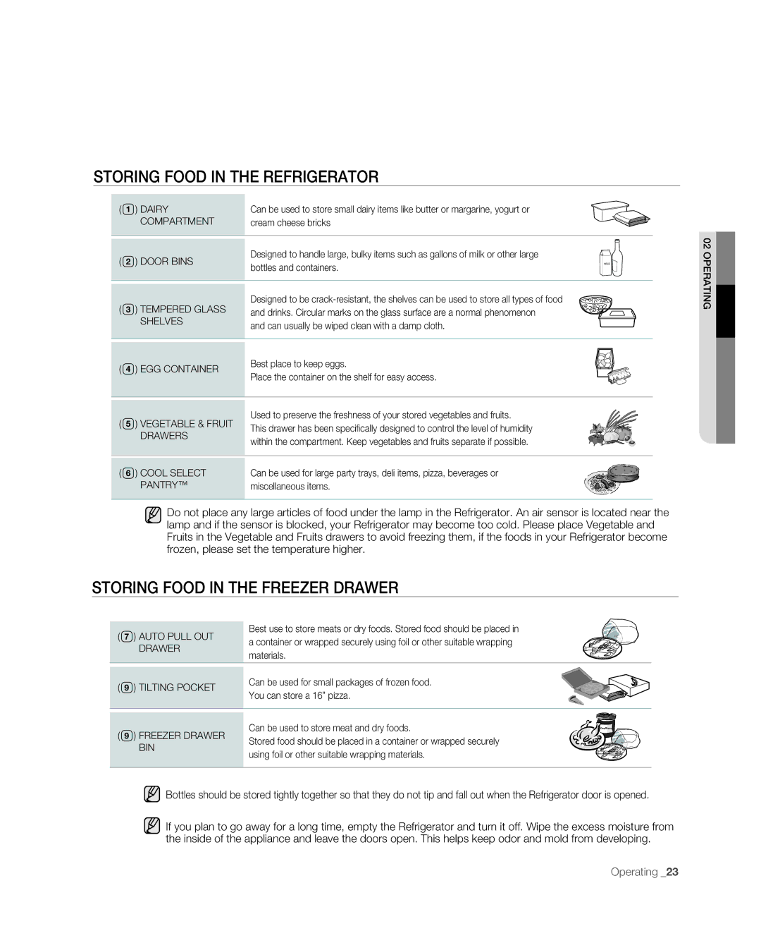 Samsung RF266AB, RF265AB user manual Storing Food in the Refrigerator, Storing Food in the Freezer Drawer 