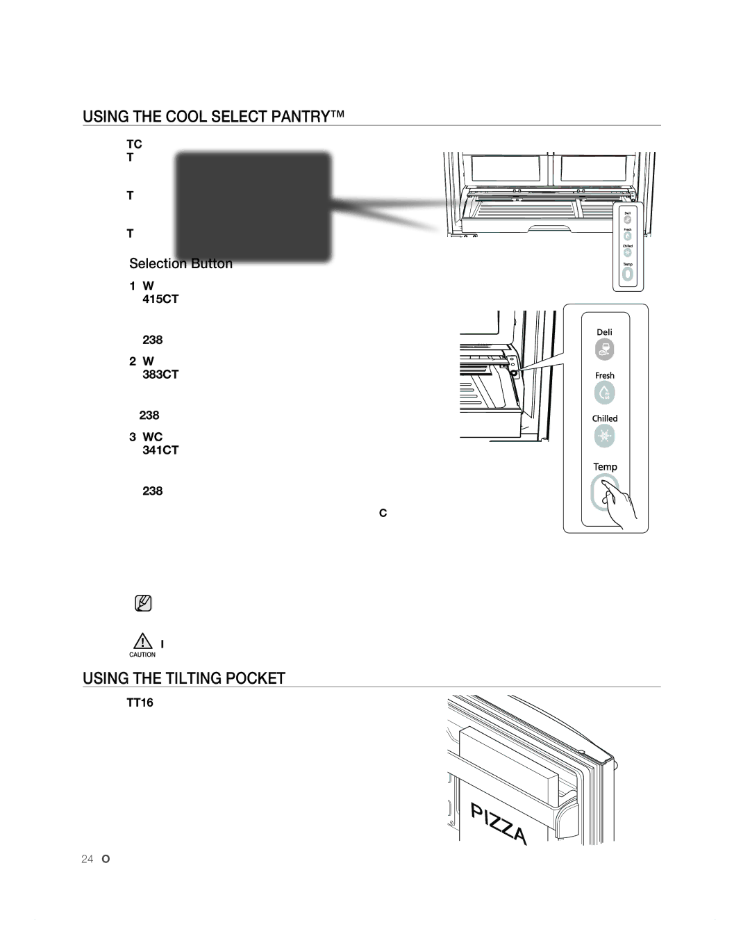 Samsung RF265AB, RF266AB user manual Using the Cool Select Pantry, Using the tilting pocket, Selection Button 