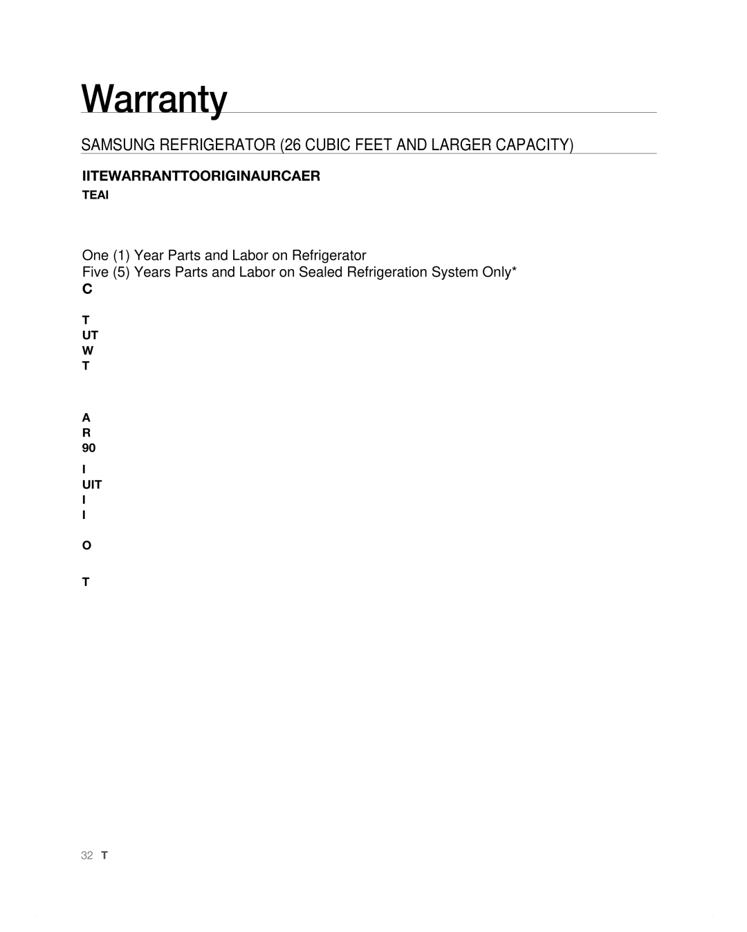 Samsung RF265AB, RF266AB user manual Warranty, Samsung Refrigerator 26 Cubic Feet and Larger Capacity 