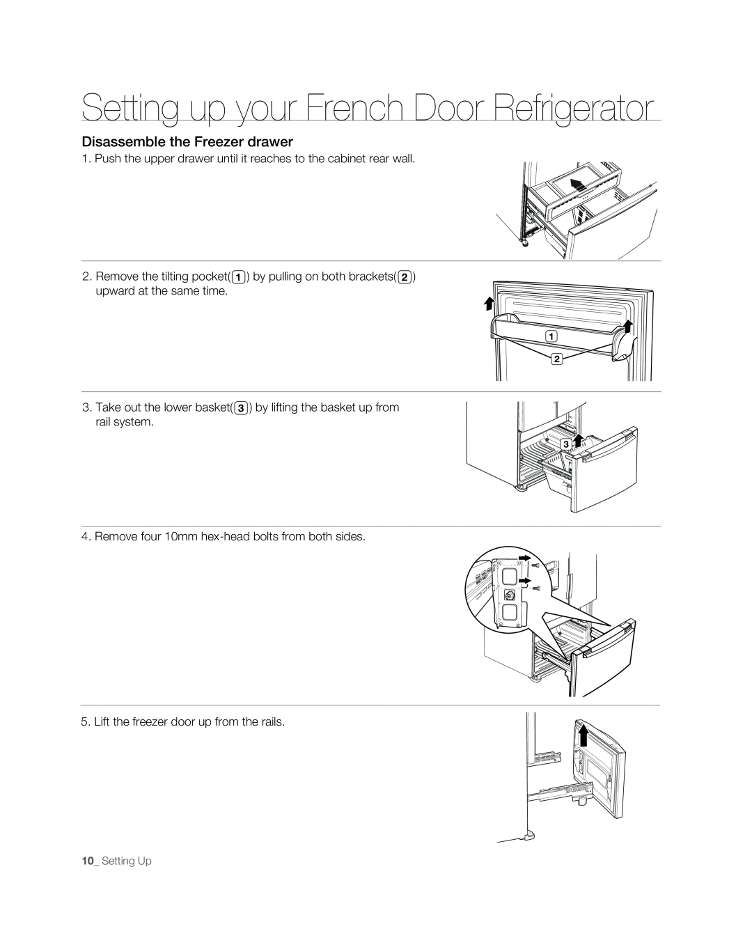 Samsung RF265AB, RF266AB user manual Disassemble the Freezer drawer, Setting up your French Door Refrigerator 