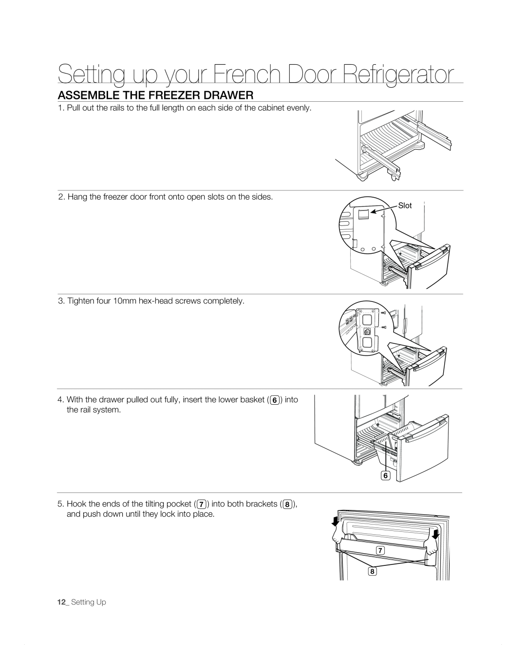 Samsung RF265AB, RF266AB user manual assemble the freezer drawer, Setting up your French Door Refrigerator 