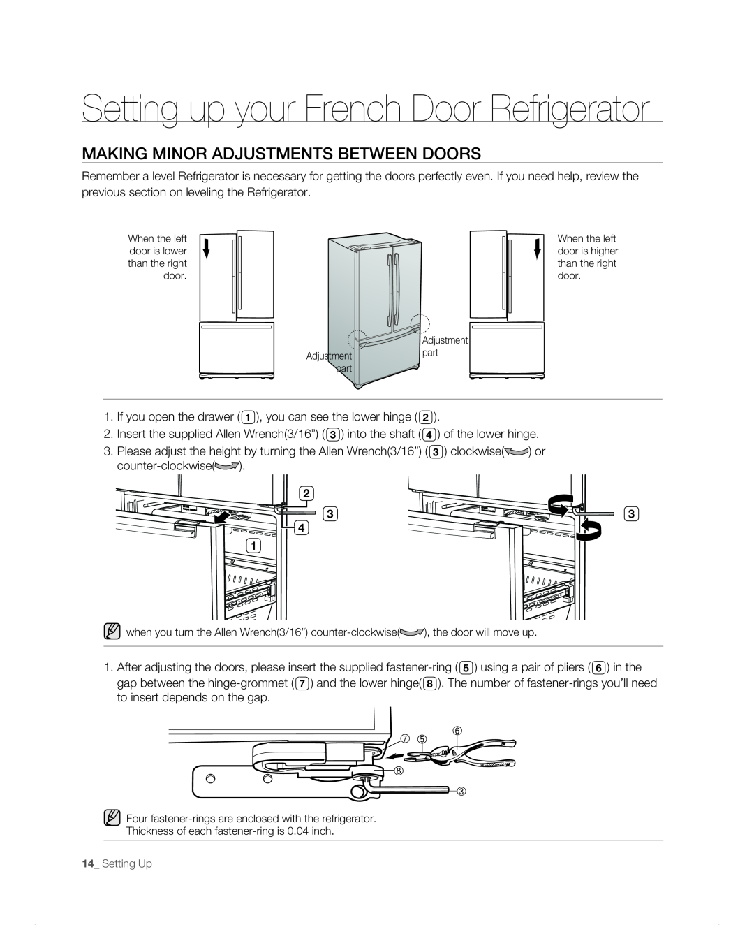 Samsung RF265AB, RF266AB user manual Making Minor Adjustments Between Doors, Setting up your French Door Refrigerator 