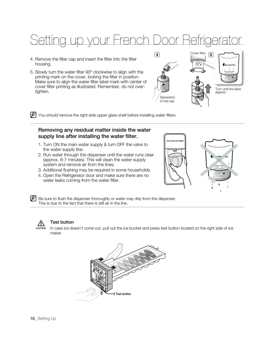 Samsung RF265AB, RF266AB user manual Setting up your French Door Refrigerator, Test button 